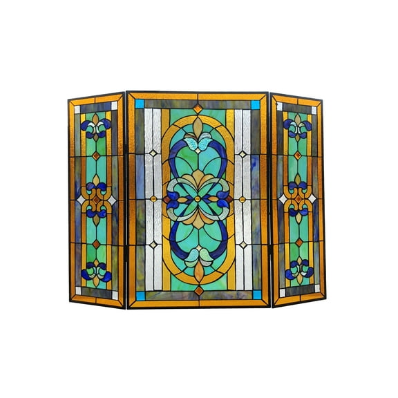 RADIANCE Goods Tiffany-Style 3pcs Folding Victorian Stained Glass Fireplace Screen 40" Width