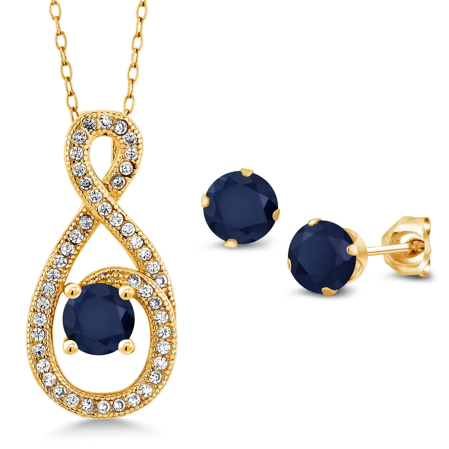 Gem Stone King 2.40 Ct Blue Sapphire 18K Yellow Gold Plated Silver Pendant and Earrings Jewelry Set