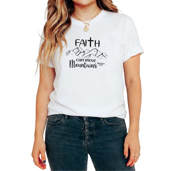 UNISHE Women's Faith Can Move Mountains Christian Graphic Short Sleeve Crewneck T-Shirt Casual Tees Tops