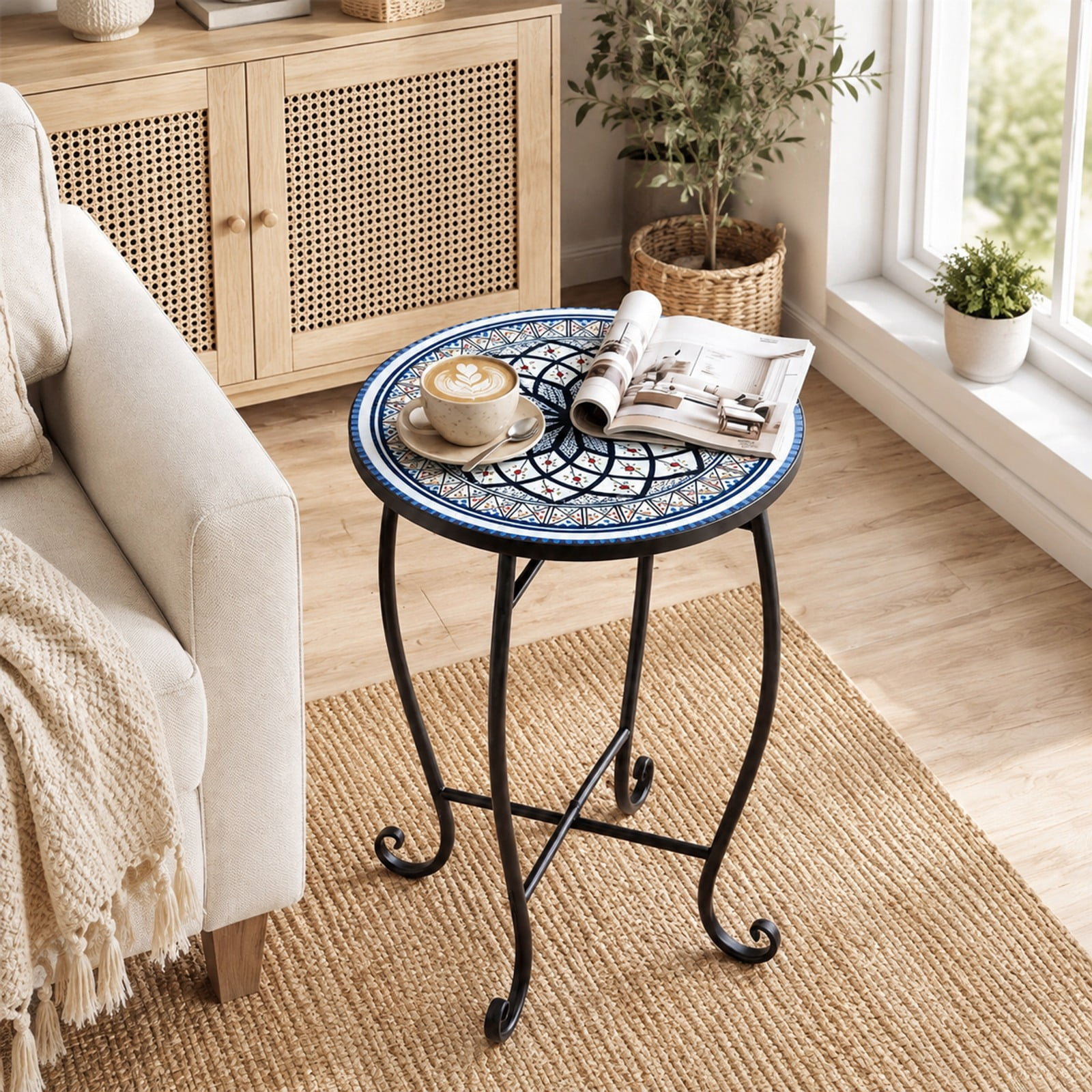 Biotree 14 Inch Mosaic Outdoor Side Table, Metal Patio Accent Plant Stand with Floral Lotus Top and Stable X-Base for Garden Porch Indoors, White