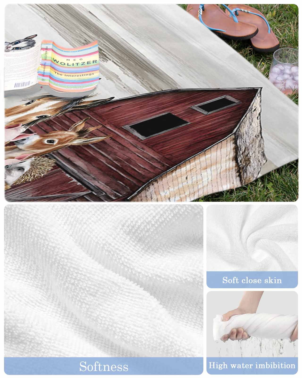 Farmhouse Animals Beach Towels Oversized Super Absorbent, Cow Pig in Fence Retro Wood Barn Lightweight Bath Towel Quick Dry Sets For Bathroom/Pool/Rv Camping/Beach Play/Gym Room/Picnic 30"x60"