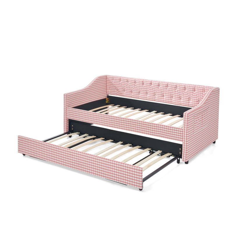 Twin Size Daybed with Pop Up Trundle, Gingham Upholstered Daybed Frame with Tufted Button Backrest and Side Storage Pocket, Modern Sofa Bed for Living Room Bedroom