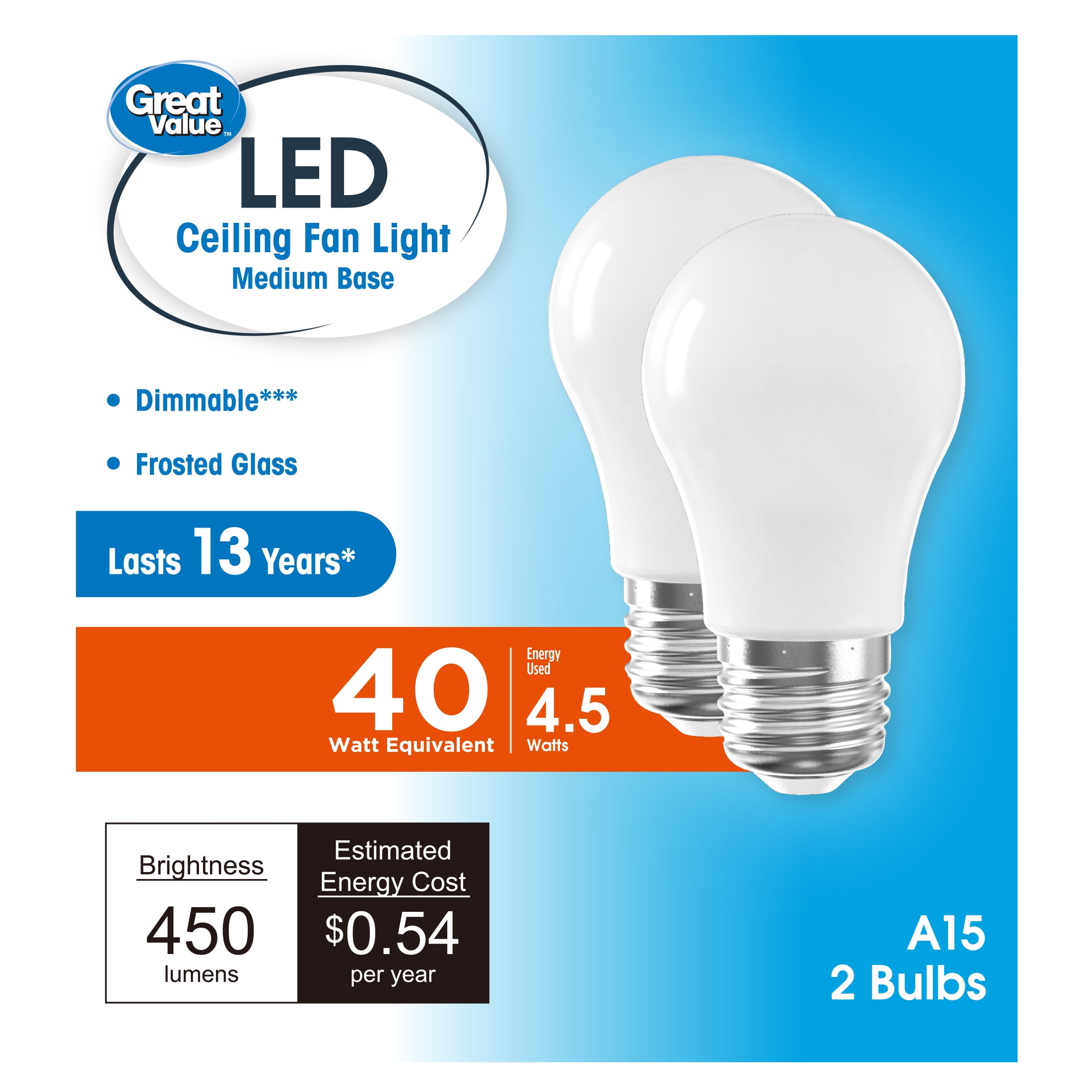 (3 pack) Great Value A15 LED Ceiling Fan Bulb, 4.5-Watt (40W Equivalent) Daylight Dimmable E26 Base, 2 Pack