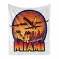 thumbnail image 1 of Florida Soft Flannel Fleece Throw Blanket, Welcome to Miami Airplane Palms and City at Sunset Graphic Circle, Cozy Plush for Indoor and Outdoor Use, 50" x 60", Burnt Orange Indigo, by Ambesonne, 1 of 6