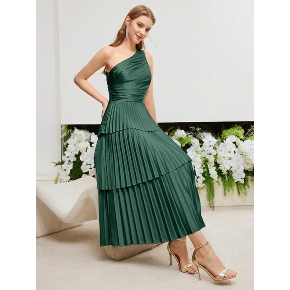 Dark Green One Shoulder Ruched Bodice Layered Pleated Maxi Dress