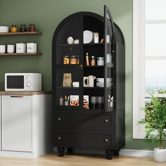 Arched Kitchen Pantry Cabinet & Display Cabinet with Glass Doors, 4 Shelves, 2 Drawers, Solid Wood Legs, 71 inches in Height, Suitable for Kitchen, Bedroom and Living Room, for Easy Storage