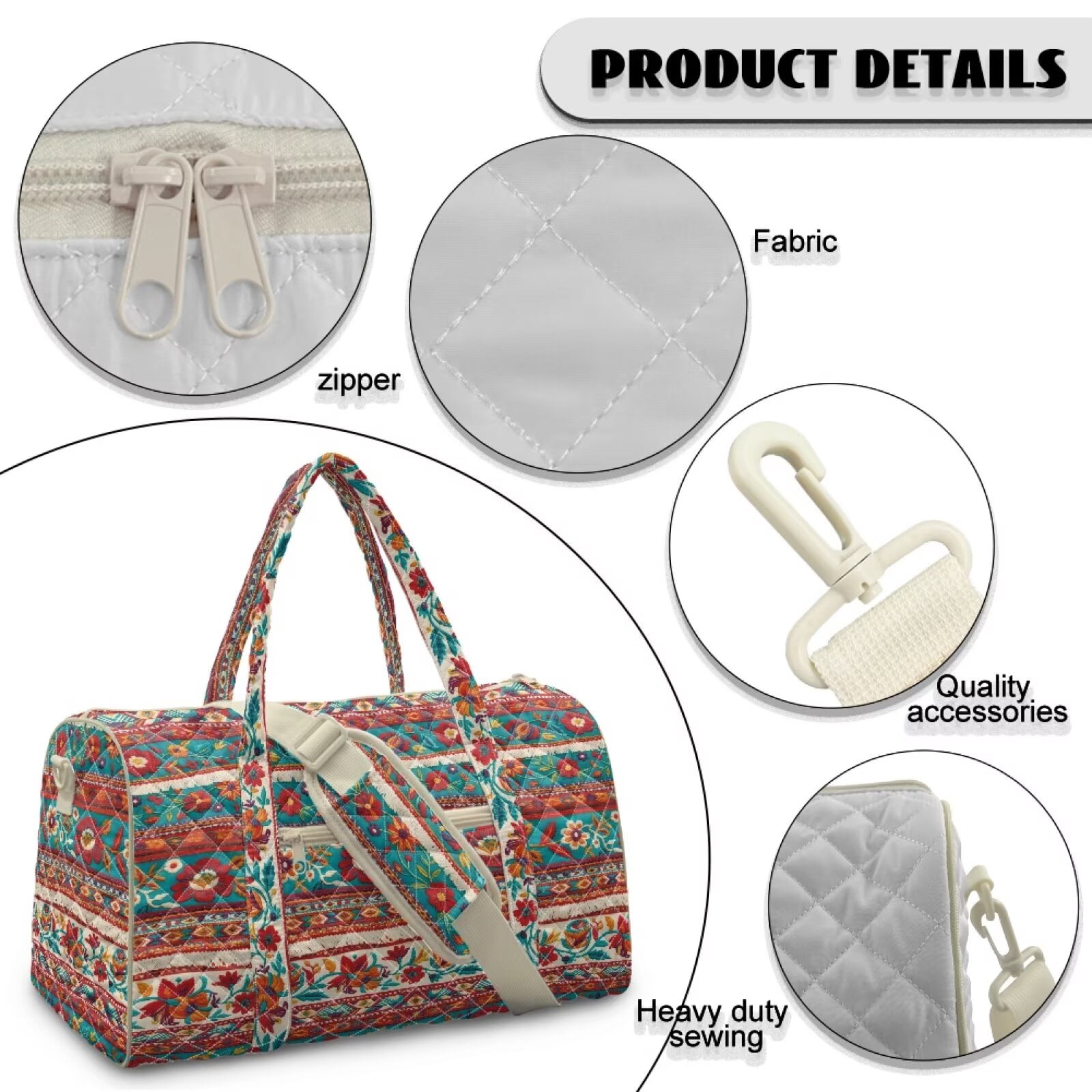 Pzuqiu Boho Floral Quilted Weekender Bag for Women Large Capacity Lightweight Travel Duffle Tote Carry On Overnight Gym Bag with Zipper and Luggage Sleeve Travel Tote Bags