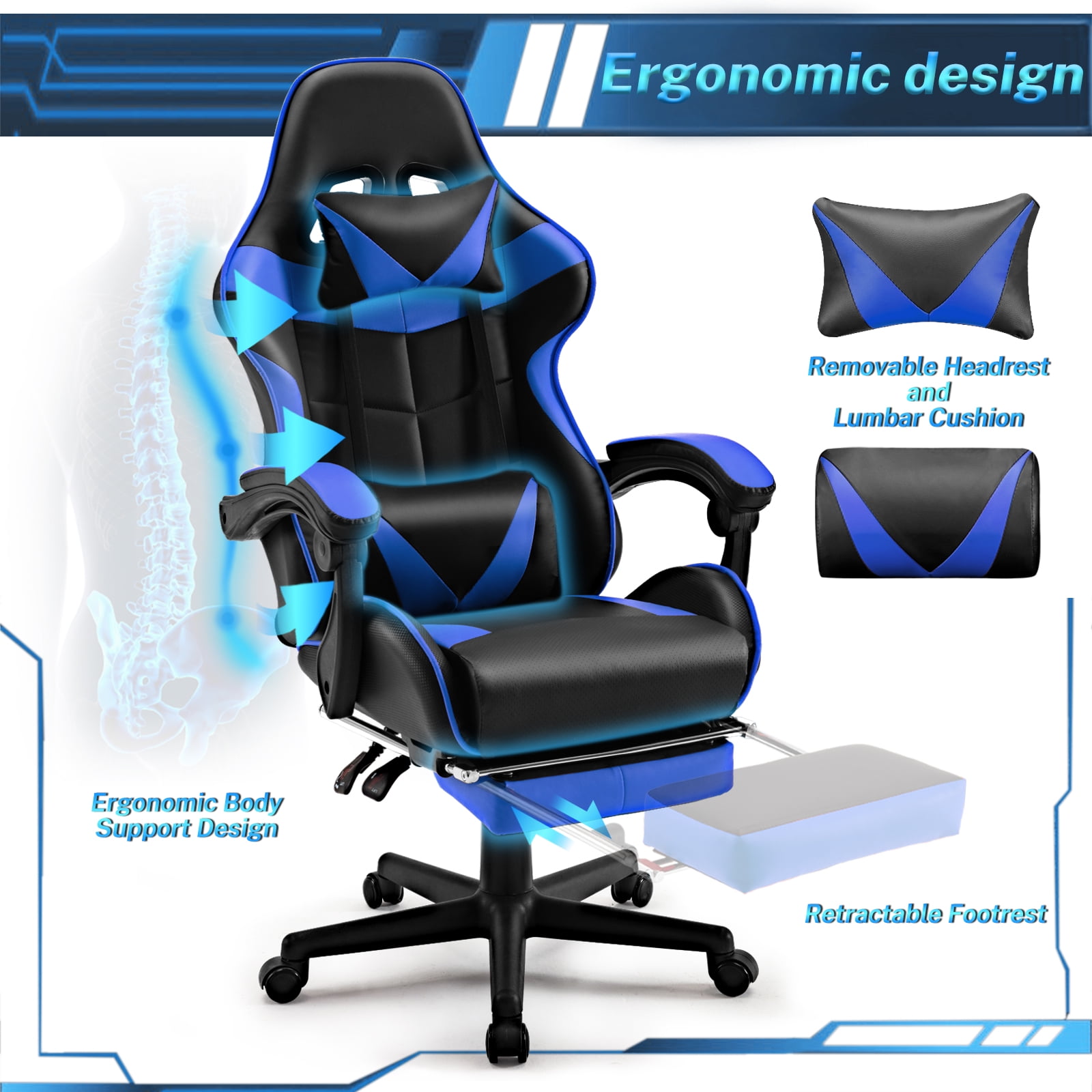 Luxvie Gaming Chair with Footrest High Back Office Chair with Headrest&Massage Lumbar Support Swivel Ergonomic Gaming Chair for Adults Kids,Blue