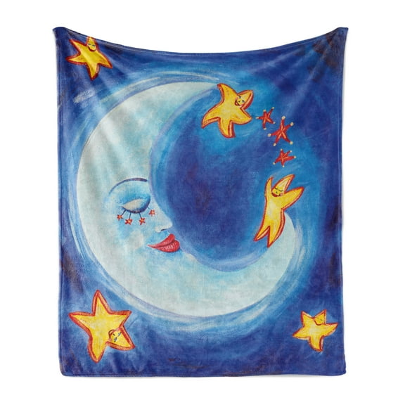 Moon Soft Flannel Fleece Throw Blanket, Vibrant Happy Dancing Stars and Sleepy Celestial Body Facial Expressions, Cozy Plush for Indoor and Outdoor Use, 60" x 80", Royal Blue Vermilion, by Ambesonne