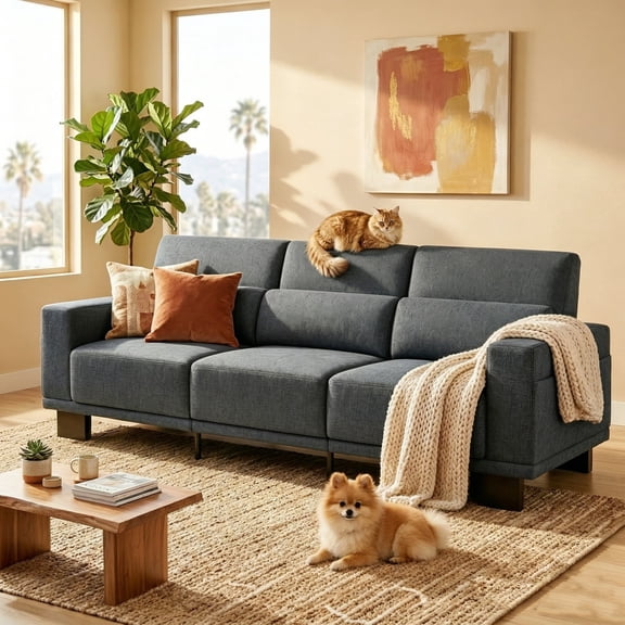 Lofka 89" Couch, 3-Seater Modern Cloud Sofa with Deep Seats and Removable Lumbar Pillows, Comfy Chenille Sofas for Living Room, Dark Grey