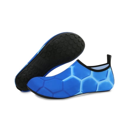 

Men and Women a Slip On Barefoot Quick-Dry Beach Aqua Yoga Water Shoes (Neon Hexagon/Blue 5.5-6.5 Women/5-5.5 Men)