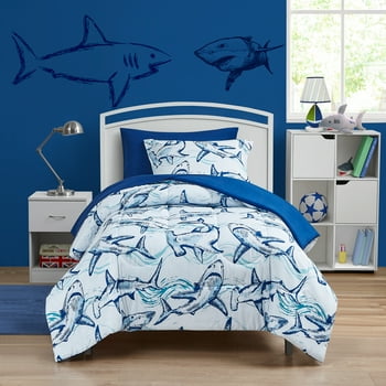 Your Zone Kids Blue Shark Attack 5 Piece Bed in a Bag with sheet set, Twin