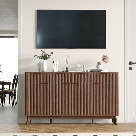 60 Inch Farmhouse Fluted Sideboard Buffet, Wood Coffee Bar Console Table with Adjustable Shelves & Drawers