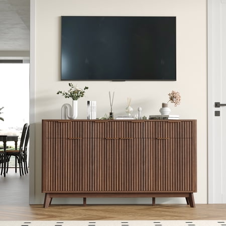 Eastvita 60 Inch Farmhouse Fluted Sideboard Buffet Cabinet Wooden Storage Console with Drawers and Black Walnut