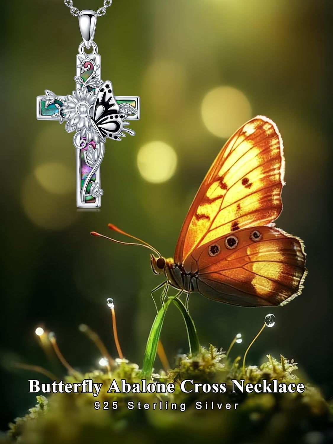Dorunmo Butterfly Cross Necklace 925 Sterling Silver Butterfly Sunflower Abalone Shell Cross Pendant Jewelry Religious Christian Baptism Gifts for Her Women