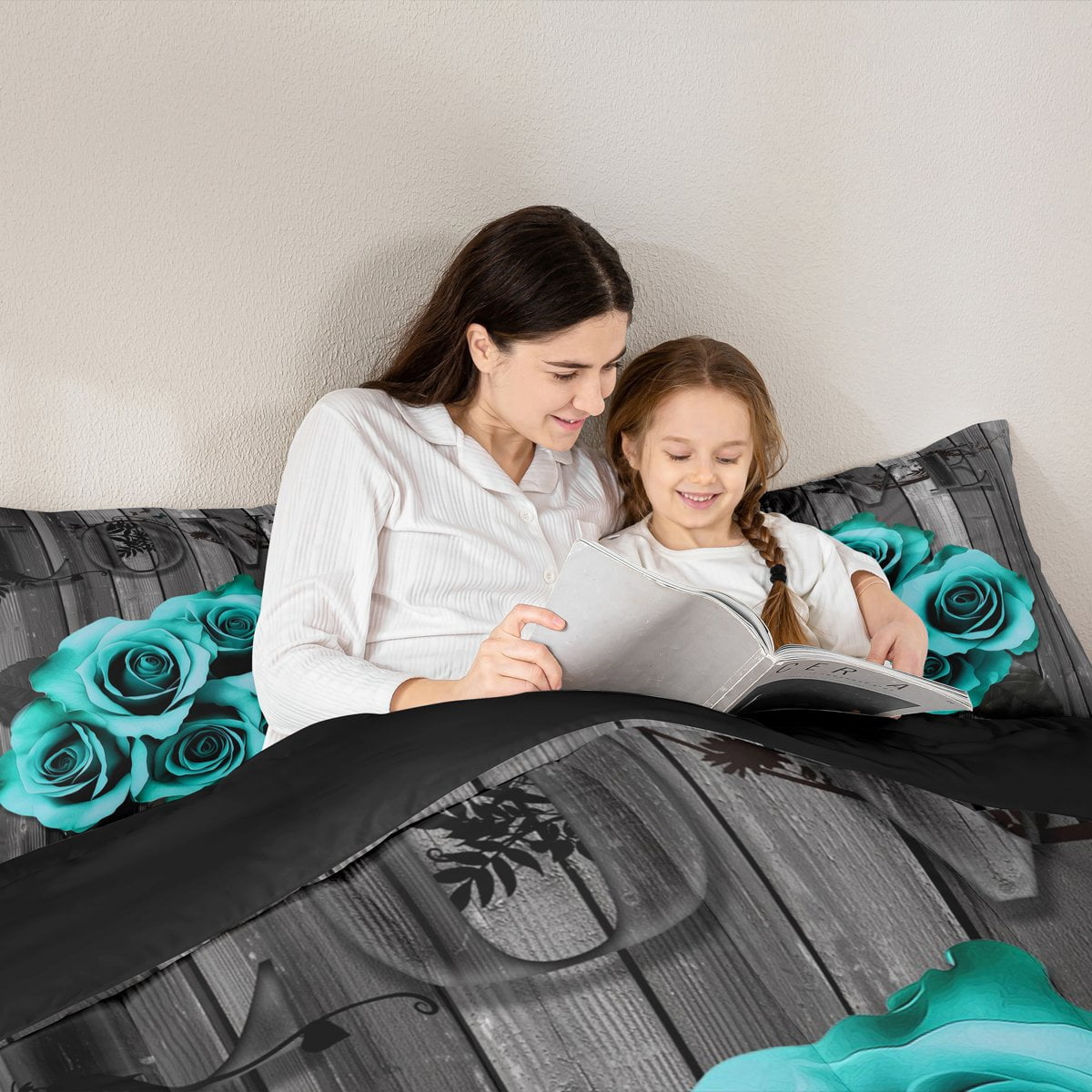 Turquoise Grey Bedding Set Teal Rose Flowers Comforter Set Full Men Women Valentine'S Day Wedding Comforter Gifts For Couple Lover,Country Rose Floral Quilt Duvet Insert 2 Pillow Cases