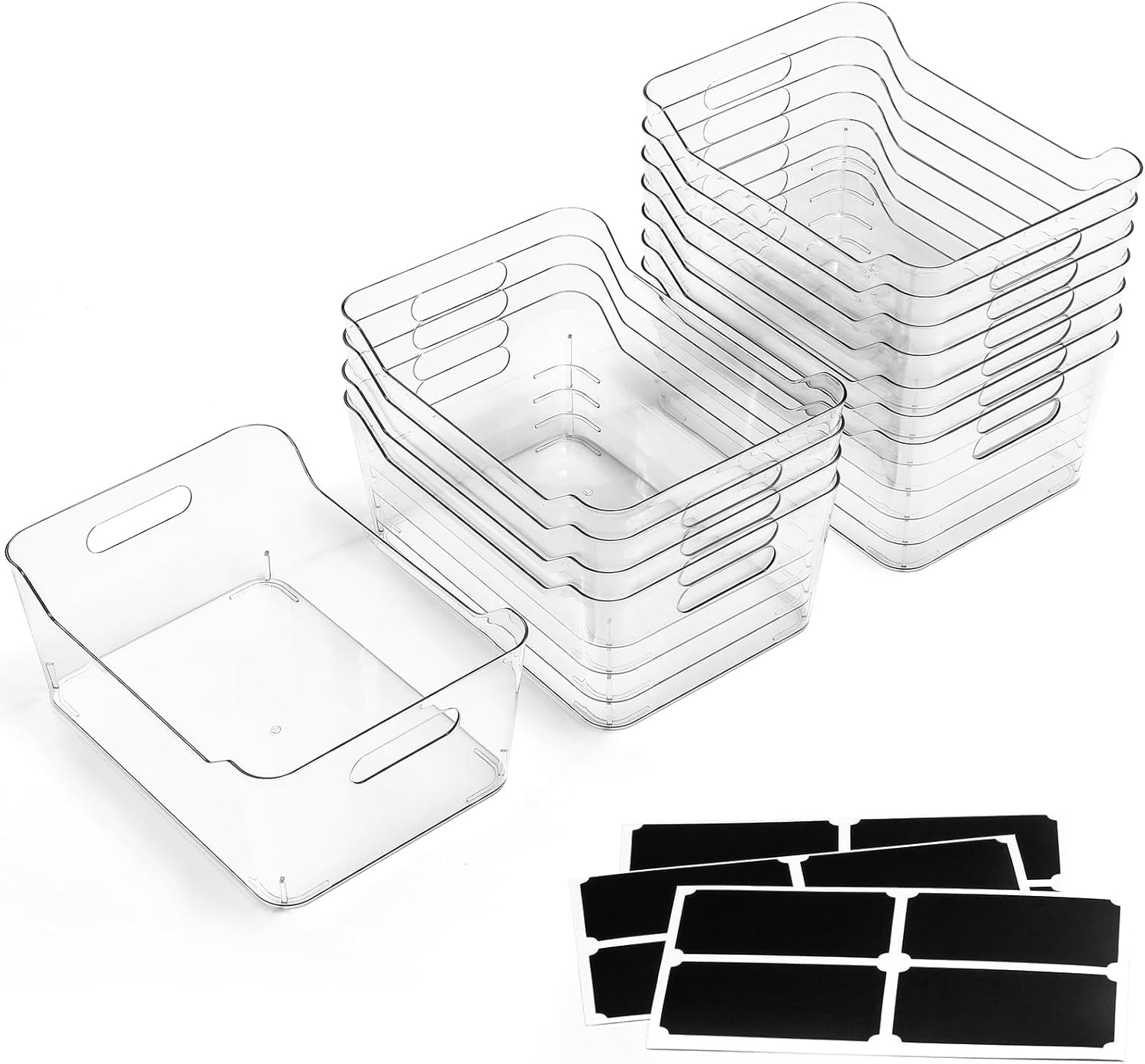 12 PACK Multi-Use Clear Plastic Storage Bins for Organizing w/Labels - Home, Kitchen, Pantry, Bathroom, Office, Cabinet Shelf Organizer Bins  Collection, RV, Fridge Organization Containers - L