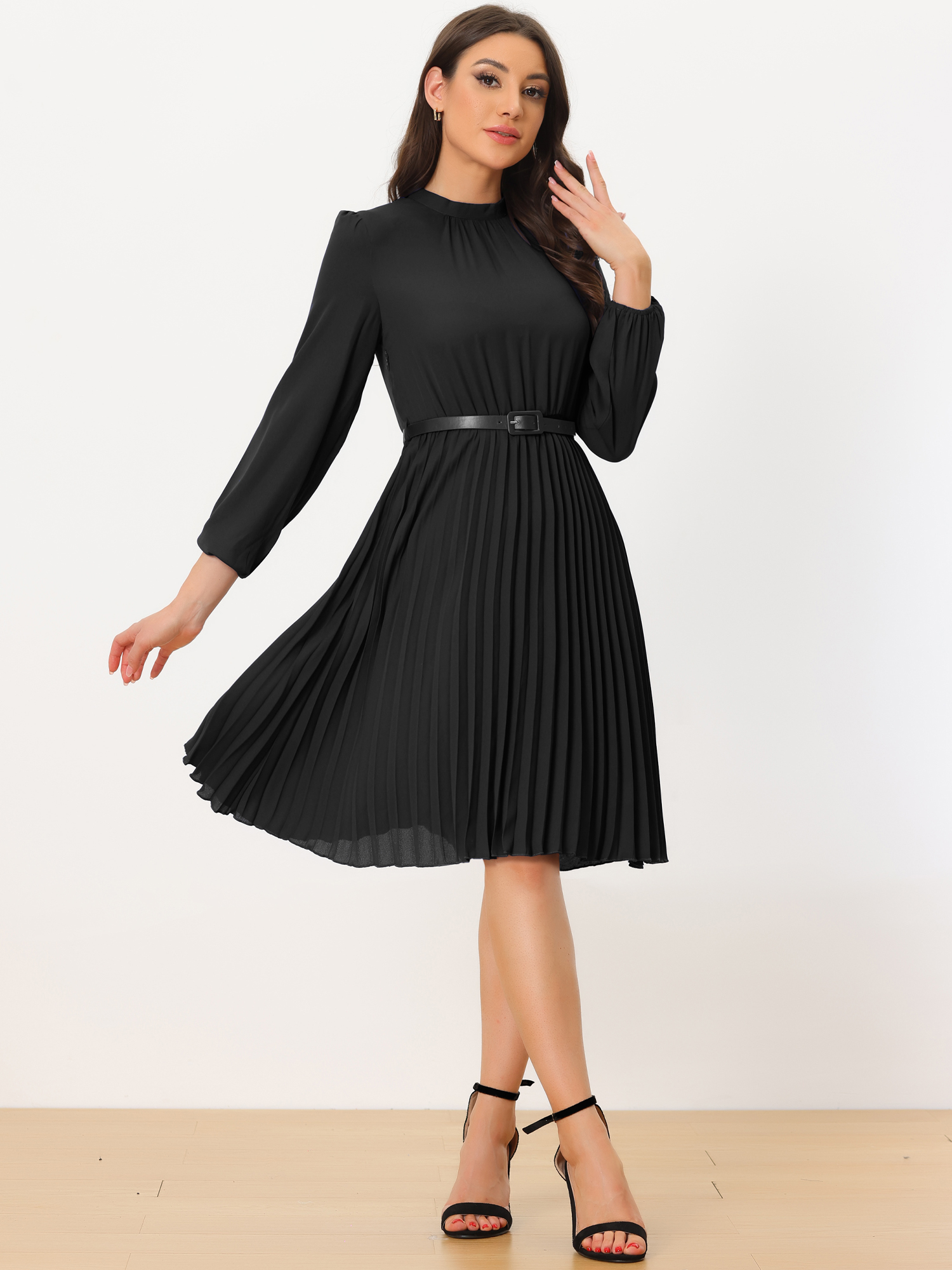 DARING DIVA Work Shirt Long Sleeve Pleated Midi Dress S Black