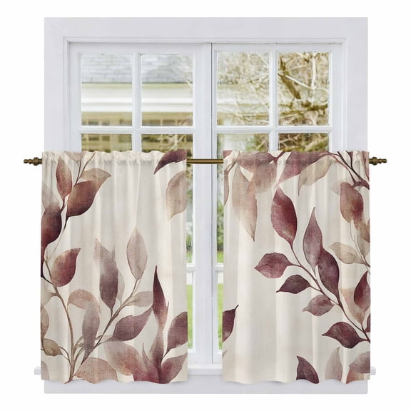Eucalyptus Leaves Tier Curtains, Brown Spring Botanical Aesthetic Light Filtering Kitchen Curtains, 2Pcs Rod Pocket Half Window Treatments Panels for Sink Cafe Cabinet Basement 27.5x45 Inches