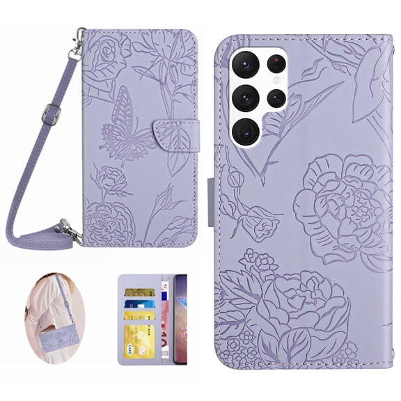 Jiahe Cover for Samsung Galaxy S23 Ultra 6.8inch Wallet Case, Embossed Floral Leather Folio Flip Shoulder Strap Wristlet Shockproof Protective ID Credit Card Slot Holder Cover, Lightpurple