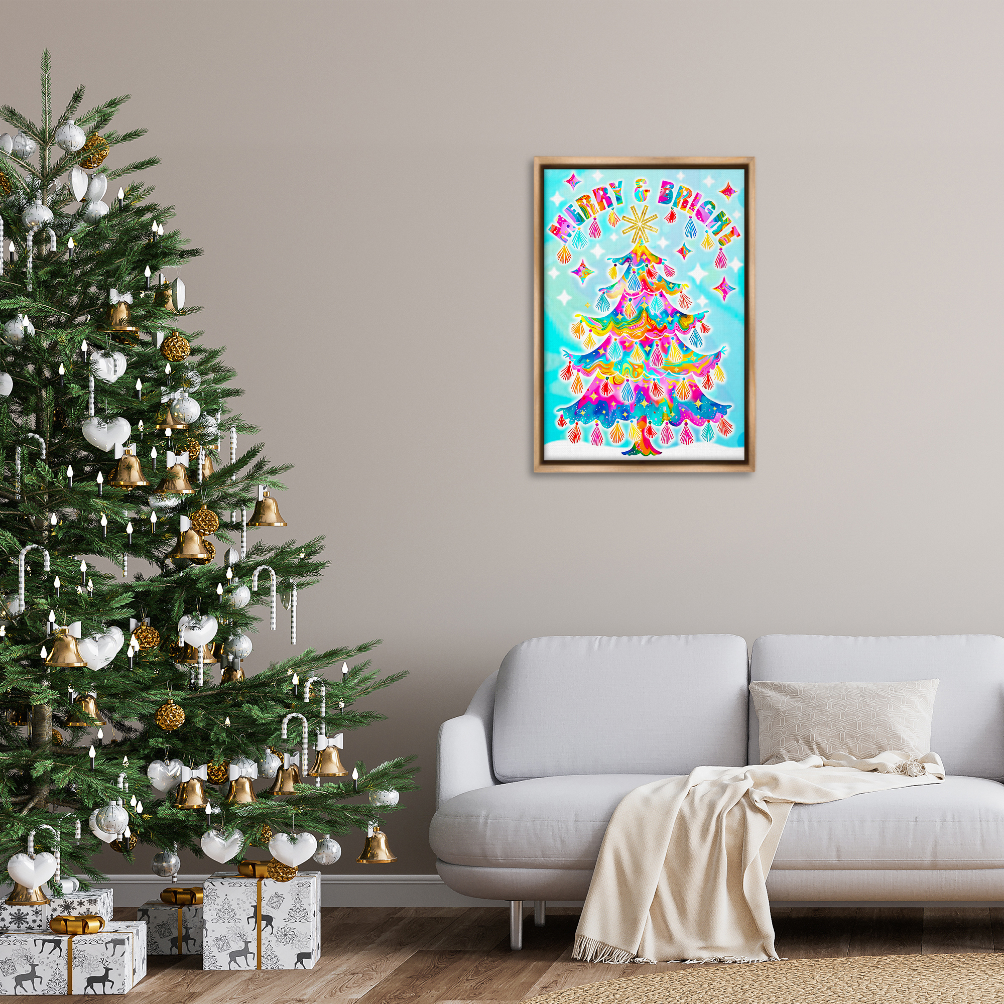Stupell Industries Eclectic Merry & Bright Holiday Painting Brown Floater Framed Canvas Art Prints Wall Art, 21 x 31