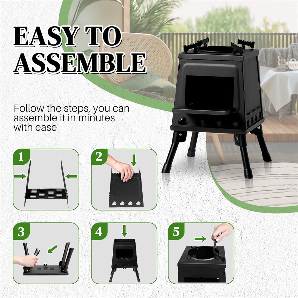 Tcbosik Camping Wood Burning Stove with Carrying Bag, Portable Heat Stove for Outdoor Cooking Heating Picnic Hiking BBQ Travel, Black