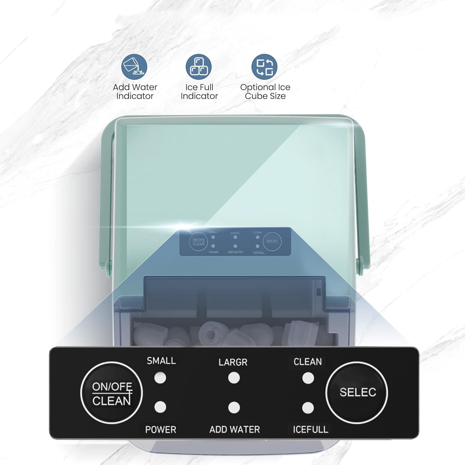 Countertop Ice Maker with Handle, 26lbs/24H Portable Ice Machine, 9 Bullet Cubes Ready in 6 Mins, Self-Cleaning, Quiet Compact for Home, Kitchen, RV, Camping, Green