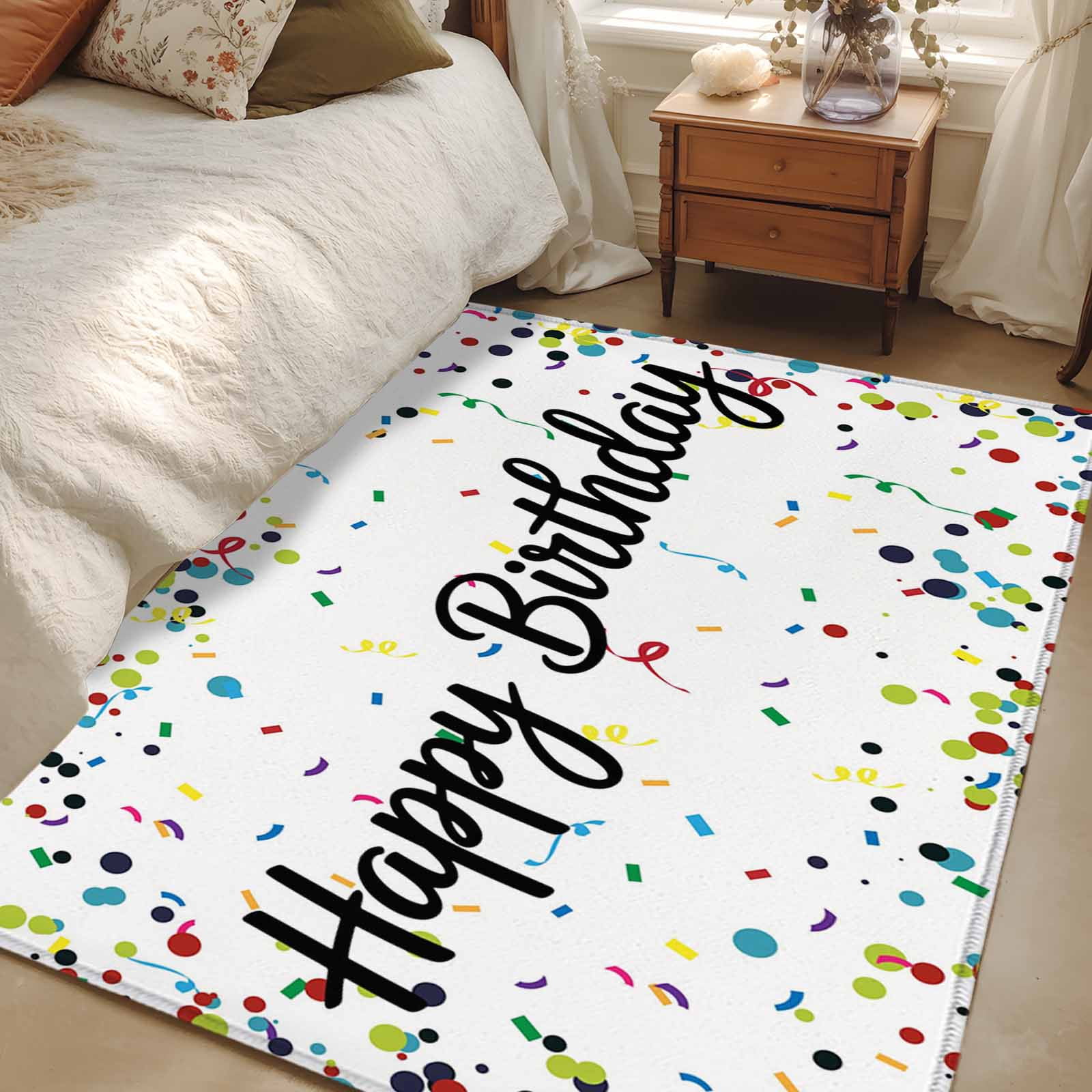 White Birthday Large Area Rugs for Bedroom Living Room, Non Slip Carpet Bedside Rug, Colorful Confetti Ribbons Polka Dots Classroom Rectangular Floor Cover Kitchen Accent Rug 3'x5' for Office