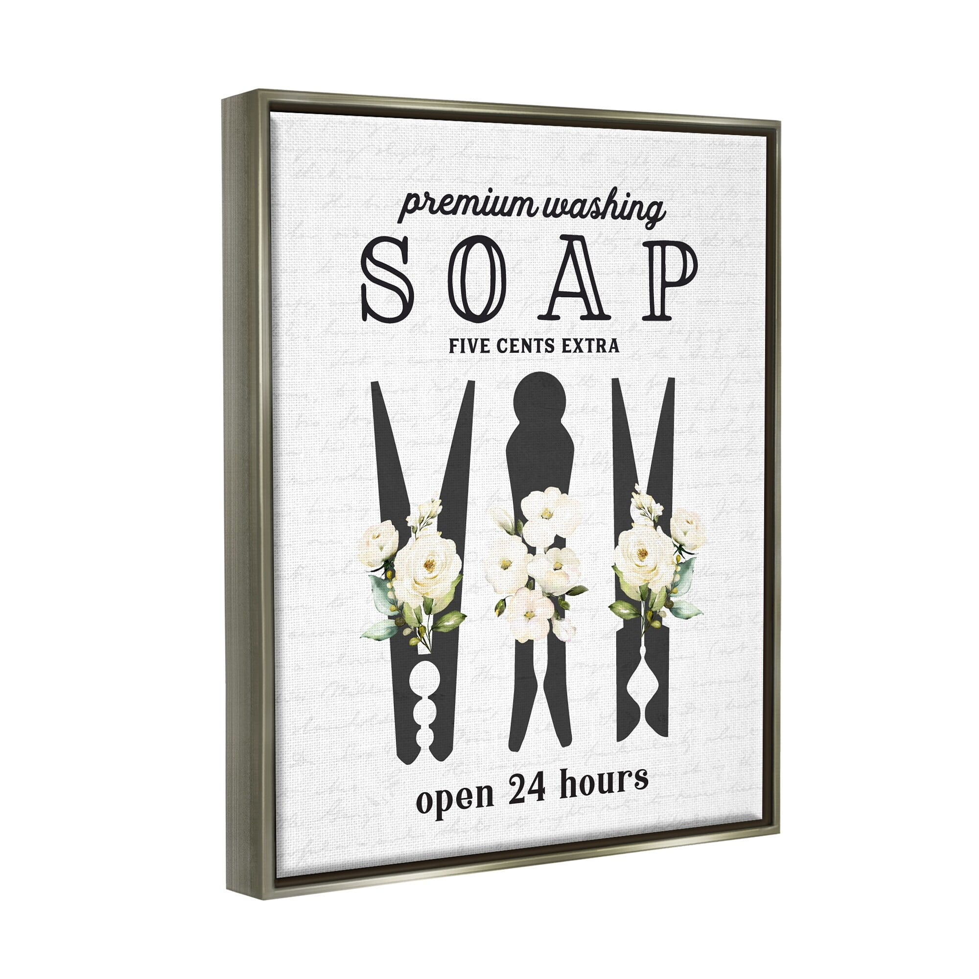 Stupell Industries Floral Clothespin Silhouettes Laundry Room Script Sign Graphic Art Luster Gray Floating Framed Canvas Print Wall Art, Design by Lettered and Lined
