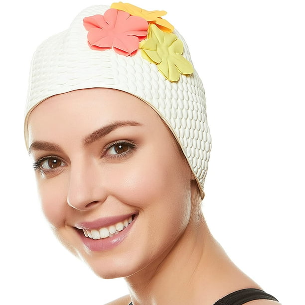 Beemo Swim Bathing Caps for Women Latex Swim Hat White with Colored
