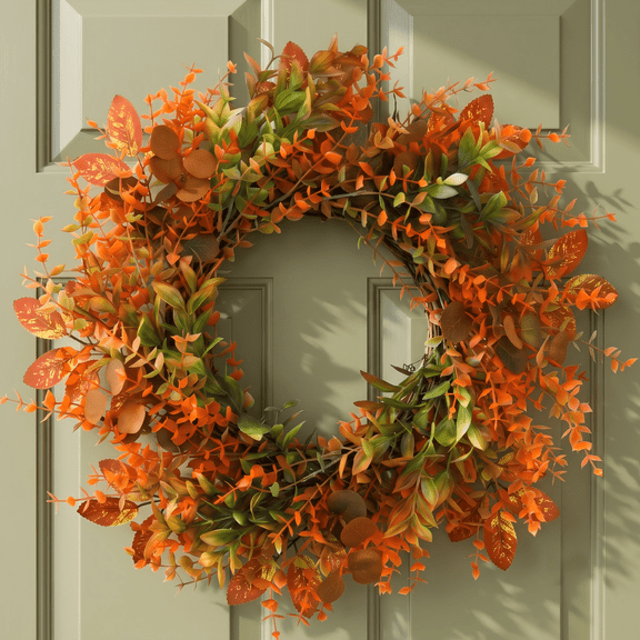 Myecovie 22 Inches Fall Wreath Artificial Autumn Wreath with Eucalyptus Leaves Harvest Wreath for Door Window Porch Thanksgiving Halloween Decor