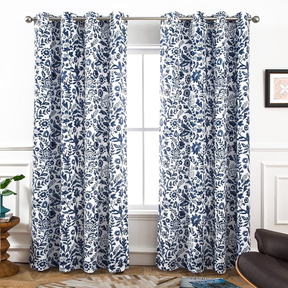 Julia Watercolor Floral Print Window Curtains Grommet Blackout Drapes Navy 2 Pcs