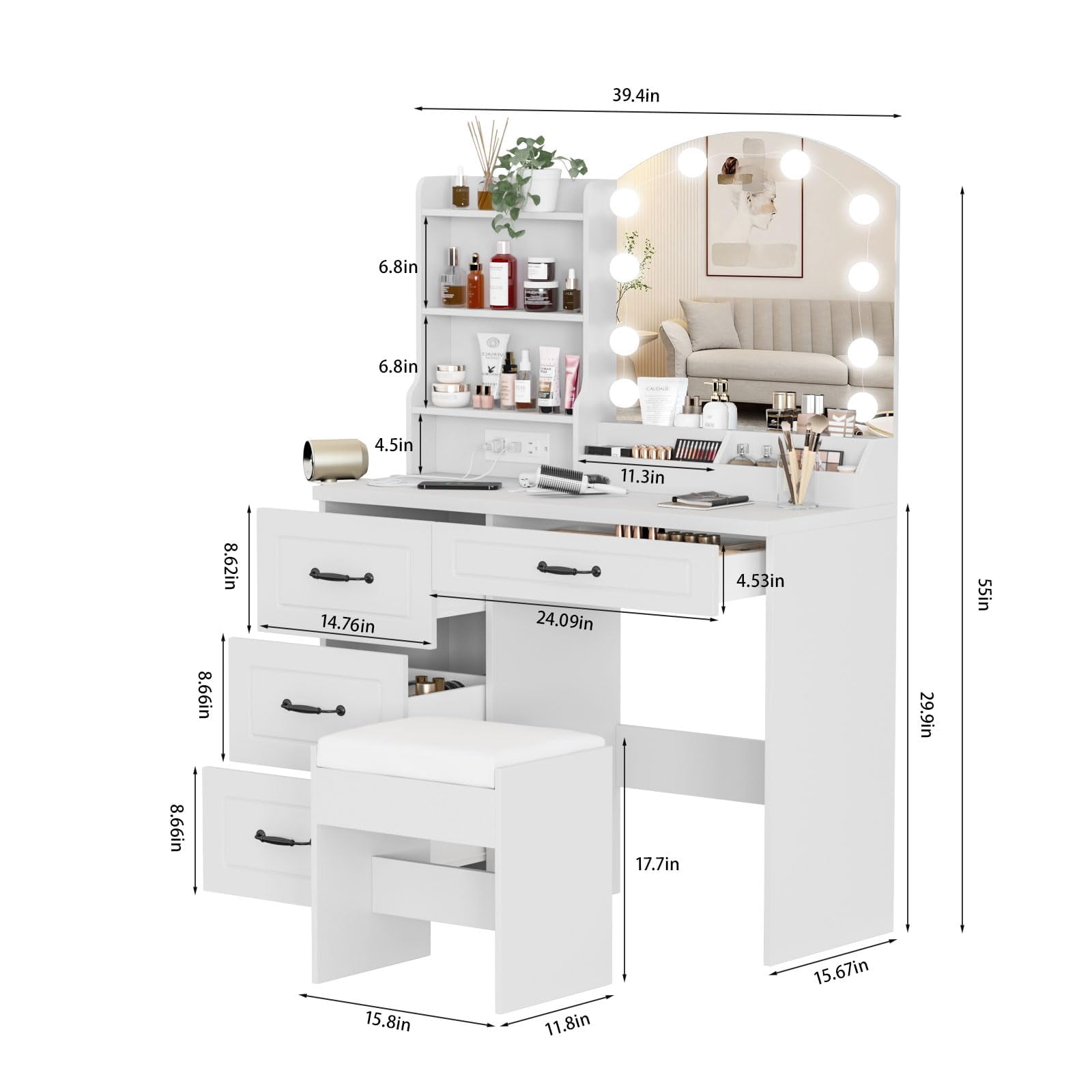 VEANERWOOD Vanity Desk Set with Lights and Power Strip,4 Drawers Vanity Set Makeup Table, 3 Lighting Colors, White