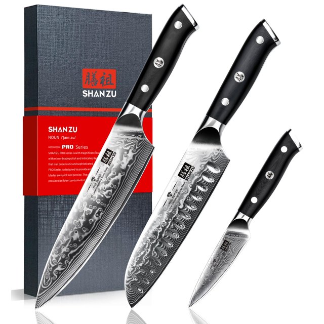SHAN ZU 3 Piezas Juego de Cuchillo de Cocina Damasco, Set Cuchillo de Cocina Japones de Acero Damasco de 67 Capas, Cuchillo de Chef Cuchillo Santoku Cuchillo Pelador - PRO Series