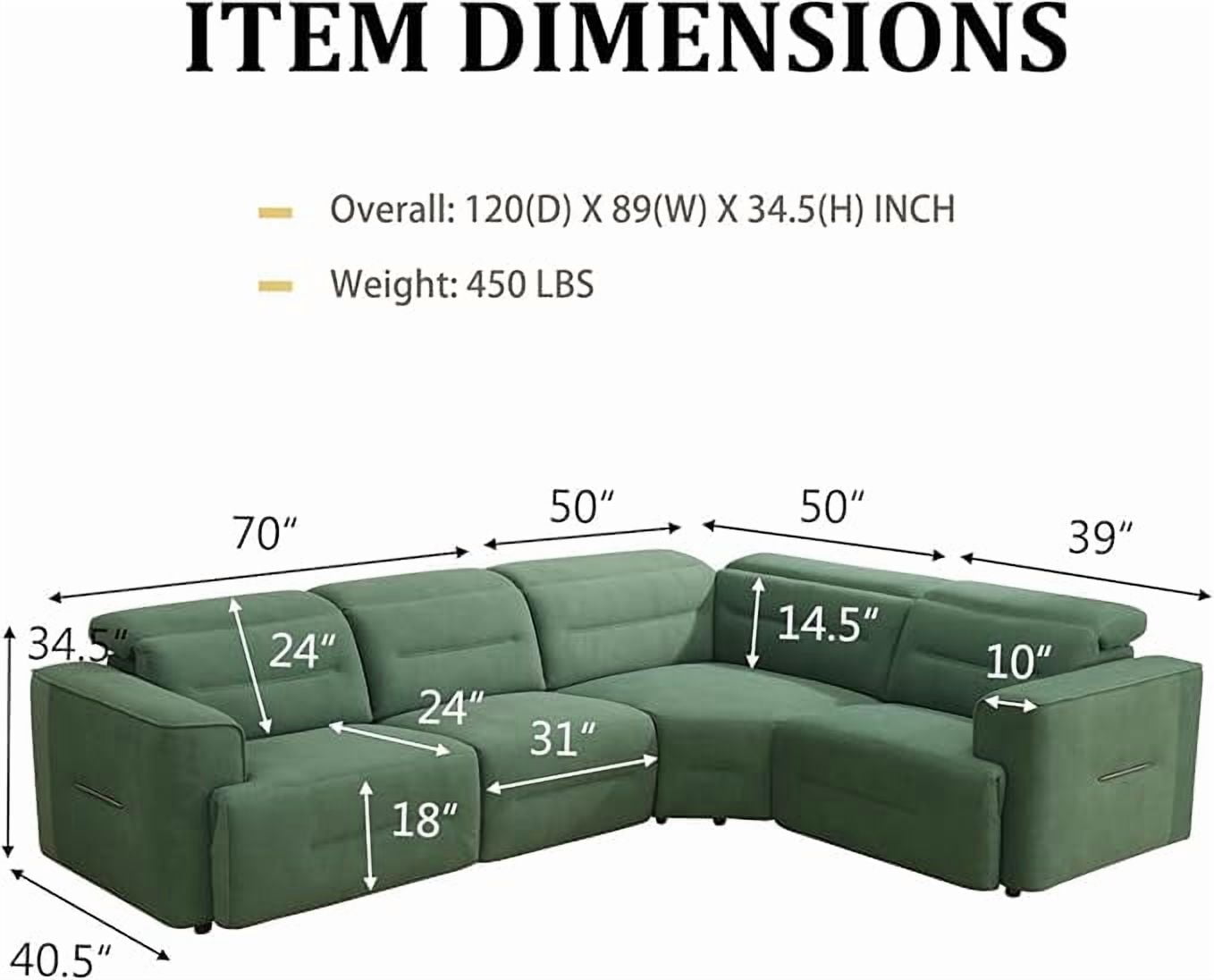 Power Recliner Sectional Sofa, L-Shaped Living Room Furniture Set, Green Flannel Reclining Sectional Couch with USB Ports (4 Seater)