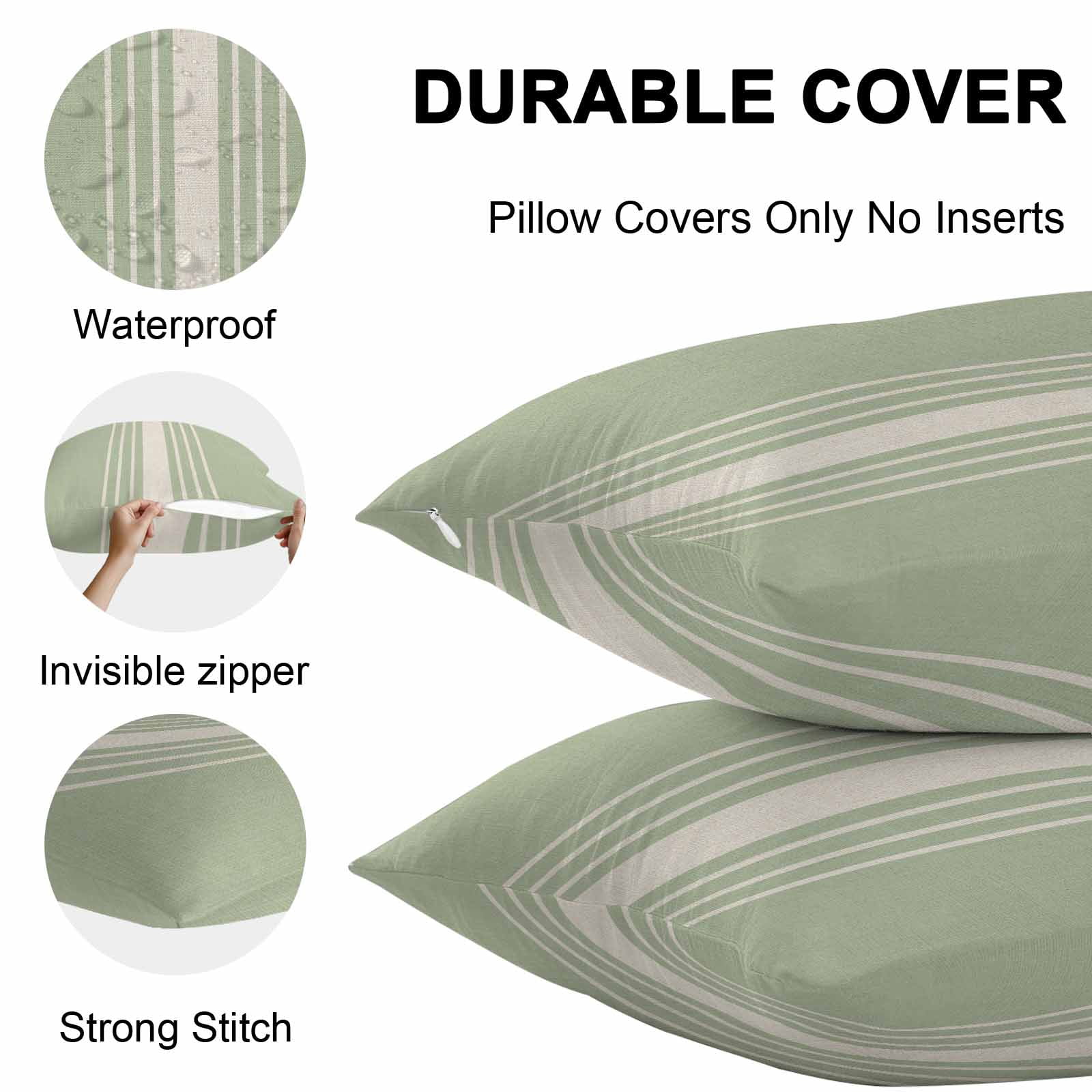Outdoor Waterproof Throw Pillow Covers Set of 2 Sage Green Vertical Stripes Pillowcases Square Outdoor Pillows Cushion Case 16x16 Inch Classic Striped Linen Patio Pillows for Couch Sofa Bed