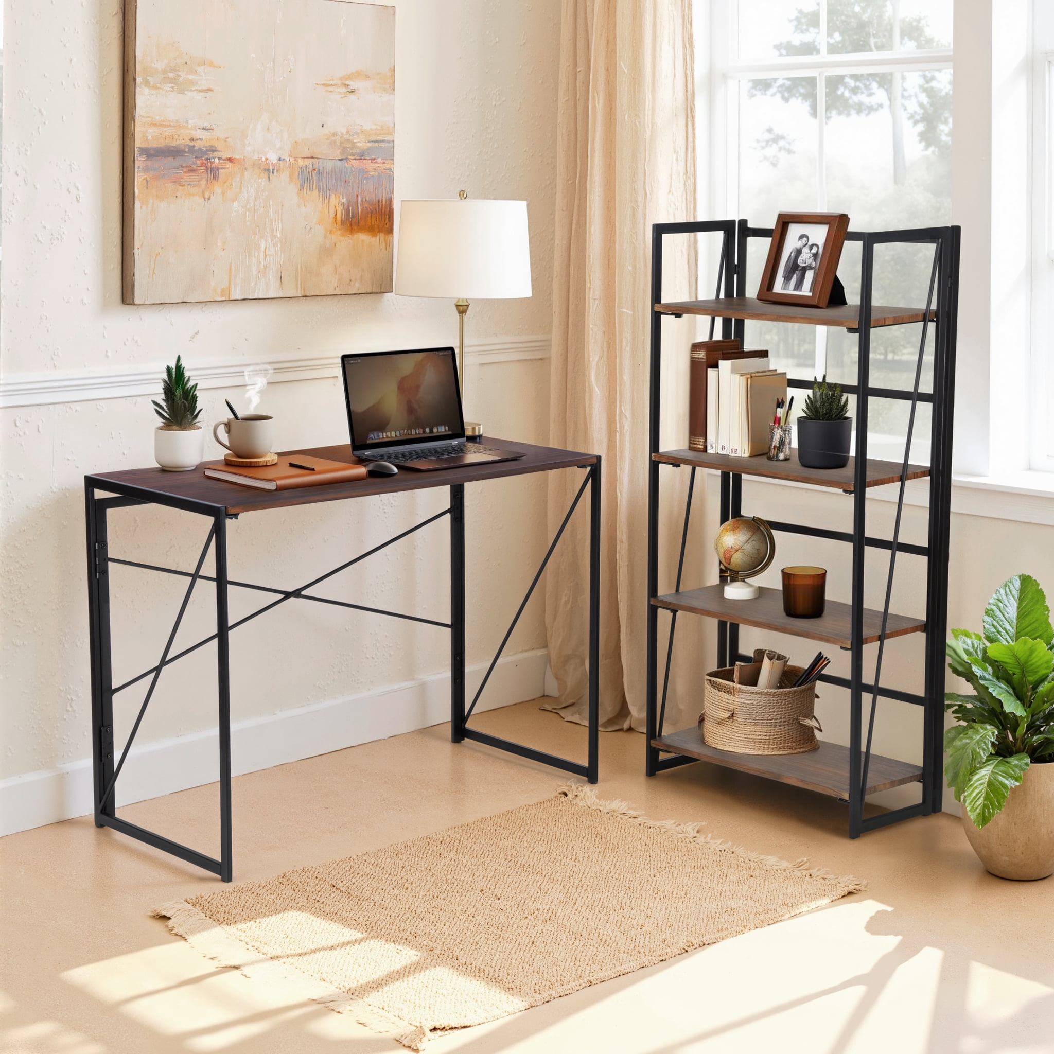 Homy Casa 39.4" Folding Table, Dark Walnut Wood Tabletop with Black Metal Frame for Small Spaces