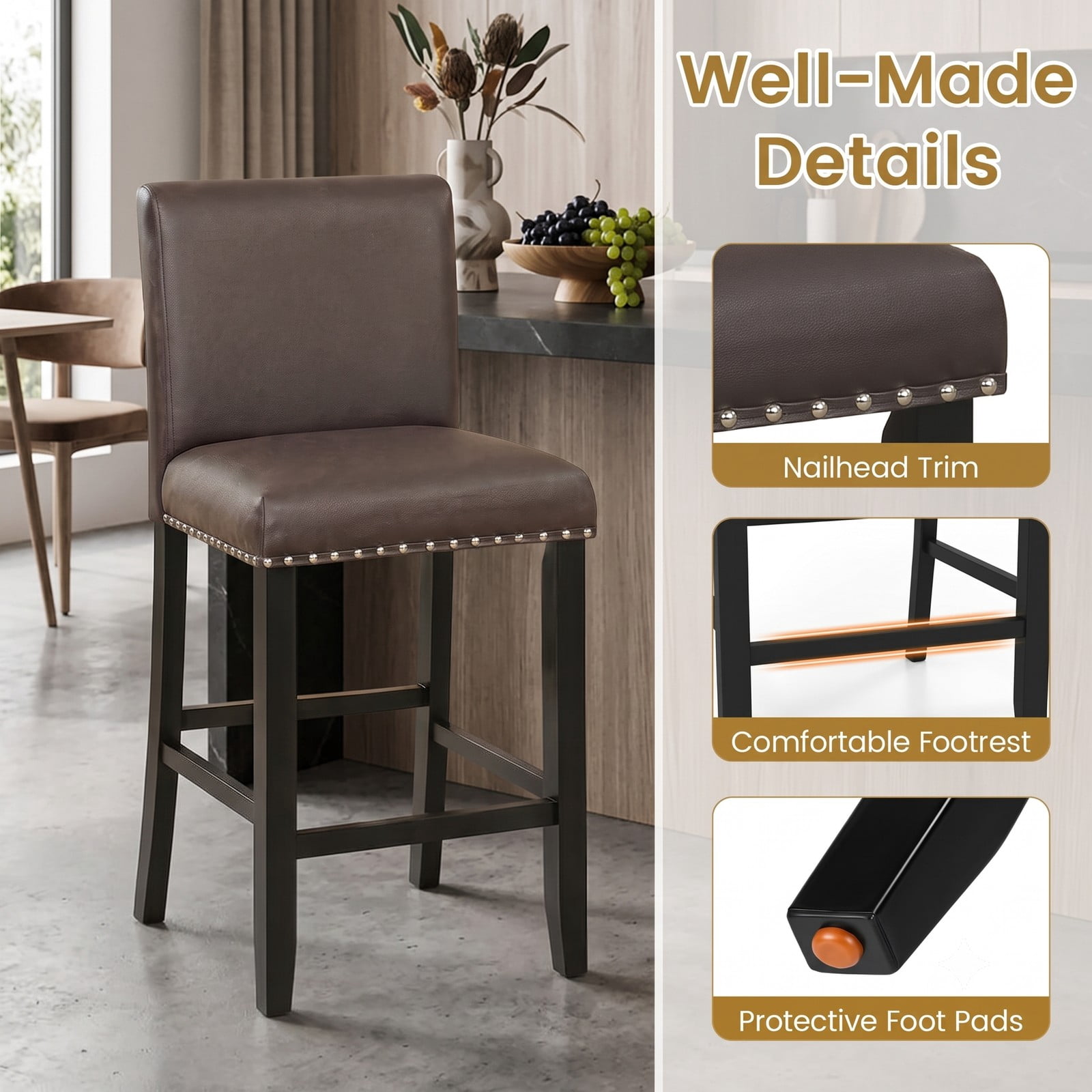 Furnibear Set of 2 Bar Stools with Back for Kitchen Island, 25.5 inch Upholstered Counter Height Barstools with Footrest, Padded Leather Bar Chairs for Dining, Brown