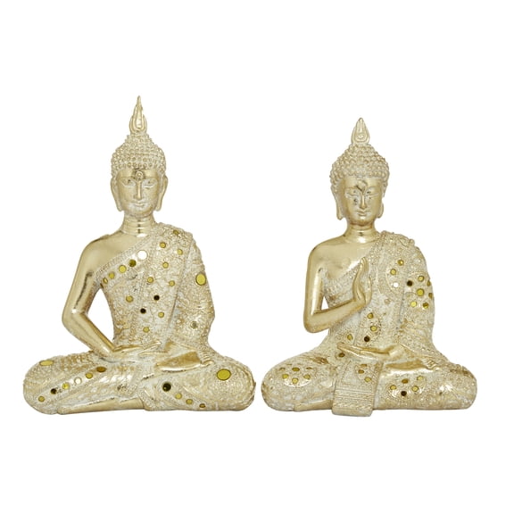 10", 11"H Gold Polystone Meditating Buddha Sculpture with Engraved Carvings and Relief Detailing, by DecMode (2 Count)