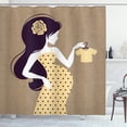 thumbnail image 1 of Vintage Woman Shower Curtain, Retro Silhouette of Pregnant Woman Figure Holding a Baby Jacket Mom Image, Fabric Bathroom Set with Hooks, 69W X 75L Inches Long, Multicolor, by Ambesonne, 1 of 3