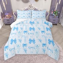 Manfei Girly Blue Ribbon Full Size Comforter Sets for Kids, Kawaii Cartoon Bow-tie Bedding Comforter Set, Princess Bowknot Style Reversible Bedding Sets, Luxury Bedroom Decor, 3-Piece