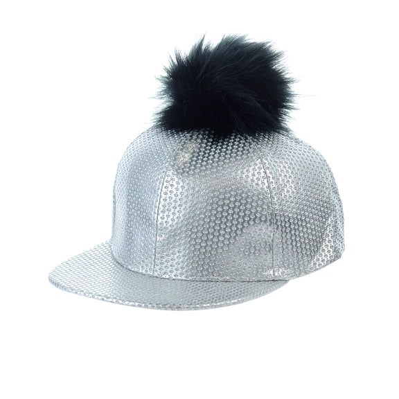 Unisex Style Faux Fur Pom Pom Snapback Flat Bill Cap Hat - Silver Glitter on Silver