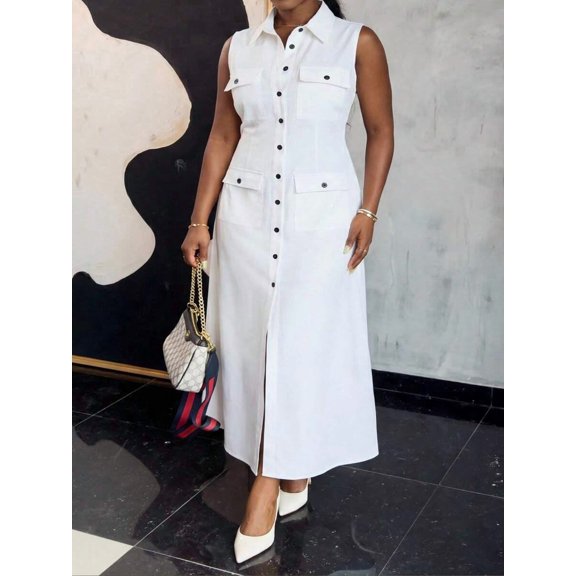 White Sleeveless Collared Shirt Dress With Front Buttons And Pockets, A-Line Maxi Style