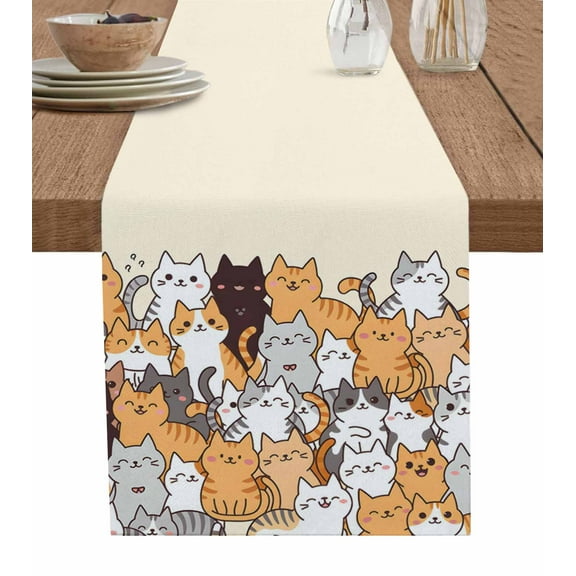 Cartoon Cat Table Runner Modern Simple Funny Cute Animals Art Tablerunners 13 x 48 Inch, Table Decorations Tabletop Scarf for Summer Gathering Holiday Farmhouse Kitchen Dining Decor