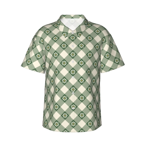 Fotbe Daisy Plaid Green Camisa Hawaiana para Hombre Unisex – Camisa Casual de Verano con Botones de Manga Corta de Algodón y Lino,3X-Large
