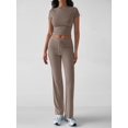 thumbnail image 5 of Women'S 2 Piece Lounge Sets Short Sleeve Tops Fold-over Flare Pants Casual Outfits Matching Set Camel Color L, 5 of 6