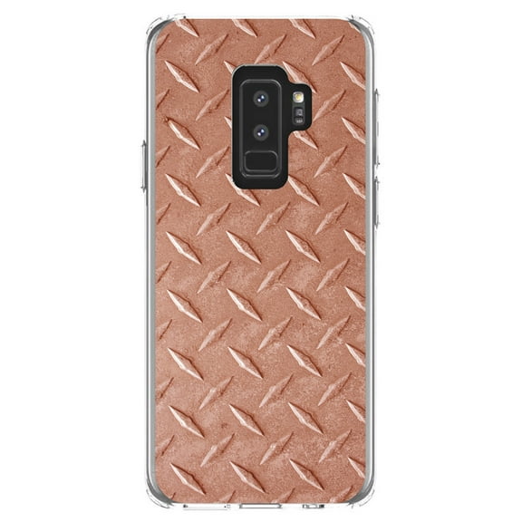 DistinctInk Clear Shockproof Hybrid Case for Samsung Galaxy S9  PLUS (6.2" Screen) - TPU Bumper, Acrylic Back, Tempered Glass Screen Protector - Orange Diamond Plate Steel Image - Printed Diamond