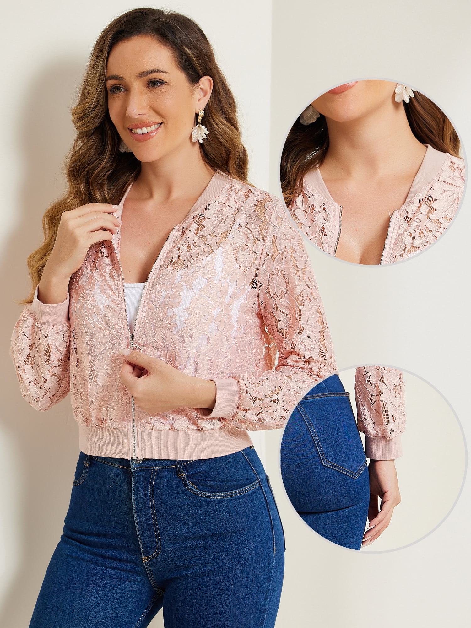 DARING DIVA Women's Lace Jackets Stand Collar Zip Up Gothic Sheer Baseball Jacket M Pink