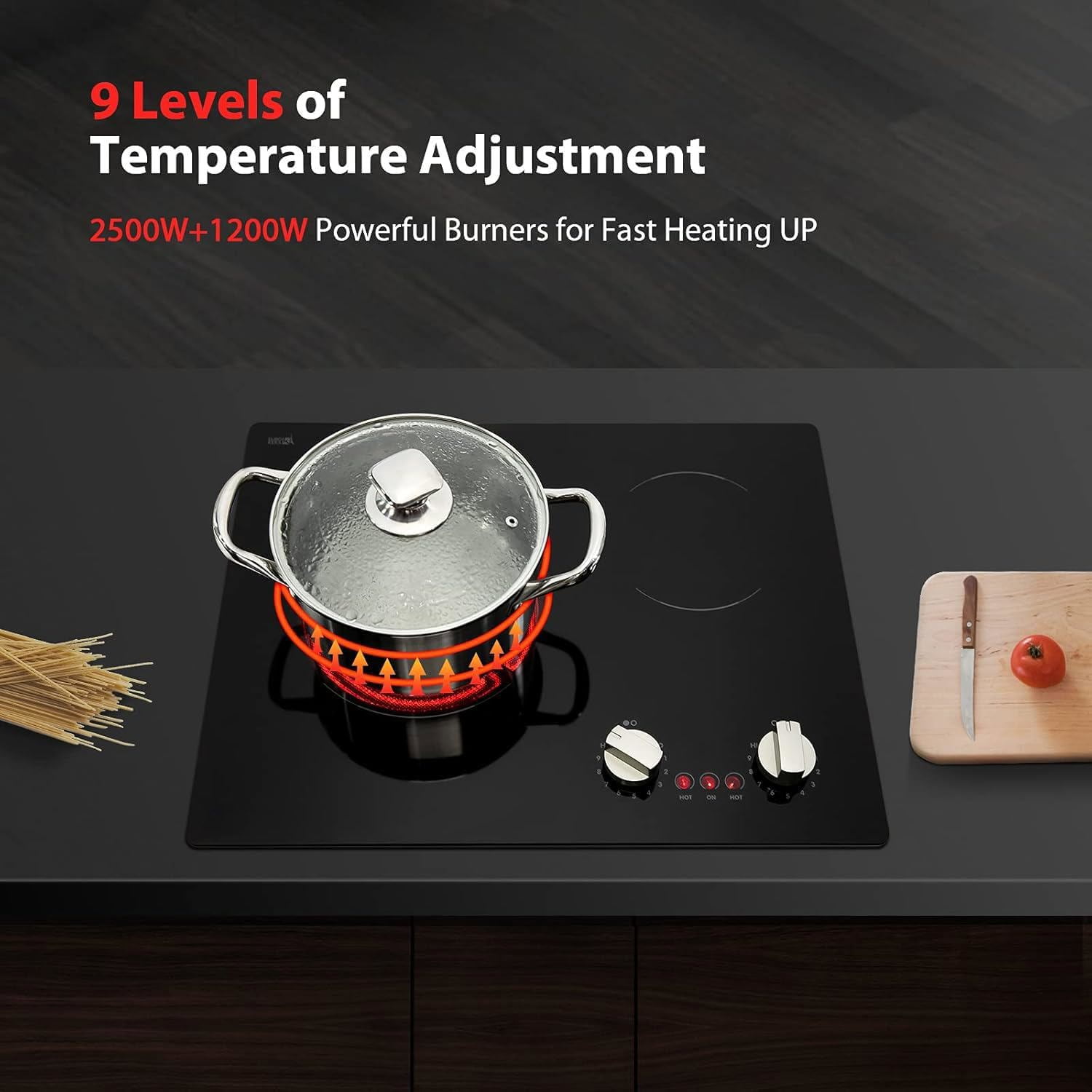 Joreek 21" Electric Cooktop Burners, 3700W 2 Burners Ceramic Glass Stove Top Touch Control Built-in Magnetic Cooktop with 9 Heating Level Child Lock & Over-Temperature Protection