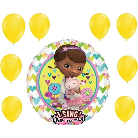 Doc McStuffins Singing Balloon 28" with 11 Yellow Latex Balloons and 11” Latex Yellow 12-Piece Party Decoration Set